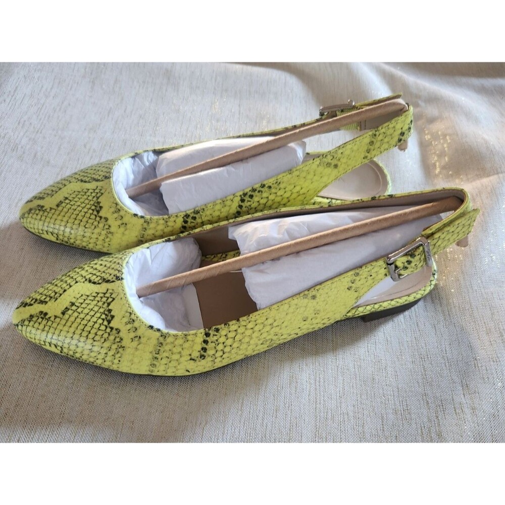 Vionic Jade Leather Snake Print Slingback Flats Sandals Neon Lemon Yellow 6.5